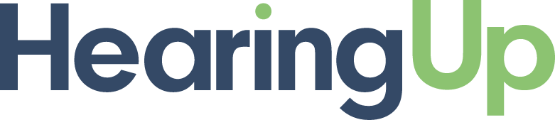A logo with the word HearingUp in bold letters; Hearing is dark blue and Up is light green.