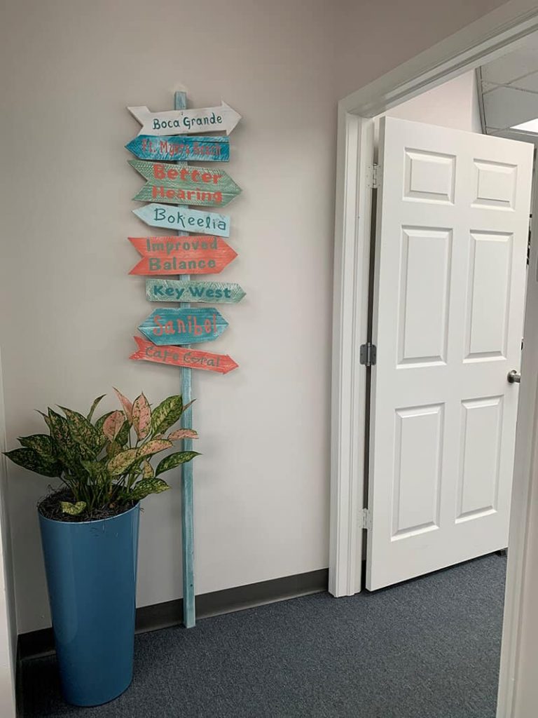 A colorful directional sign with various place names is mounted on a wall next to a blue pot with a leafy plant, near an open white door in a hallway with gray carpet.